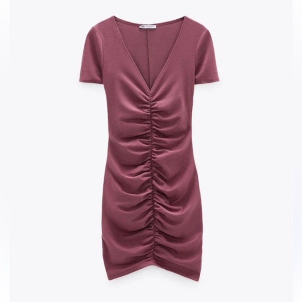 Zara Burgundy Ruched Midi Short Sleeve Dress Size Small